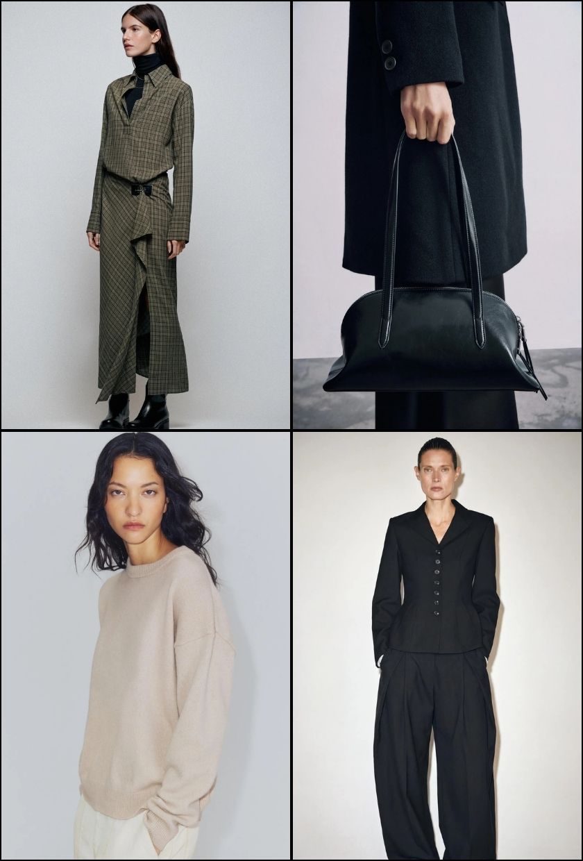 Close-up shots of models wearing a black turtleneck top and green check midi dress, black patent shoulder bag, cream jumper and white trousers, black waisted blazer and barrel trousers- all from Zara