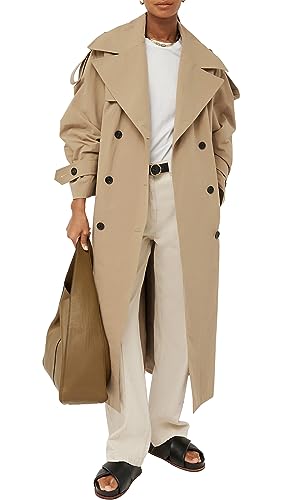 Farktop Womens Oversized Long Trench Coat Double Breasted Lapel Windproof Overcoat With Belt