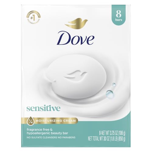 Dove Sensitive Beauty Bar Soap, Fragrance Free, 8 Count, 3.75 Oz | for Sensitive Skin, a Hypoallergenic Formula Gently Cleanses and Moisturizes Without Irritation.