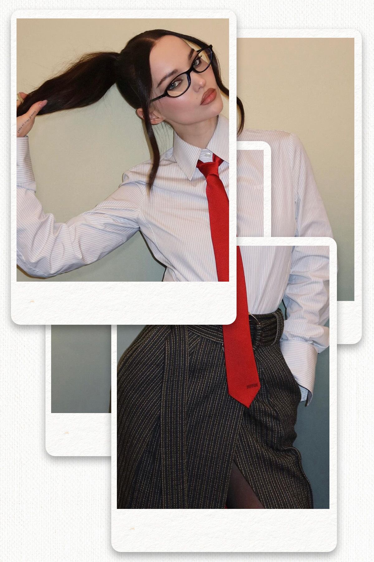 Dove Cameron wearing a shirt and suit trousers with a red tie