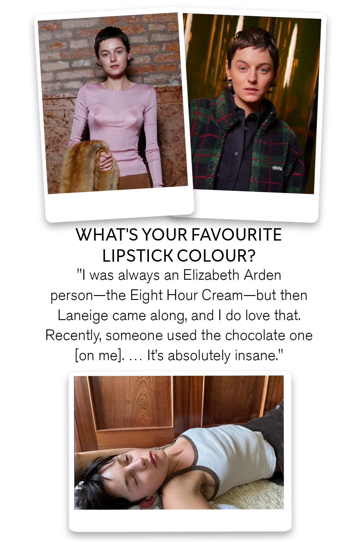 A collage of images of Emma Corrin alongside a quote about their favourite lipstick colour, which reads: 