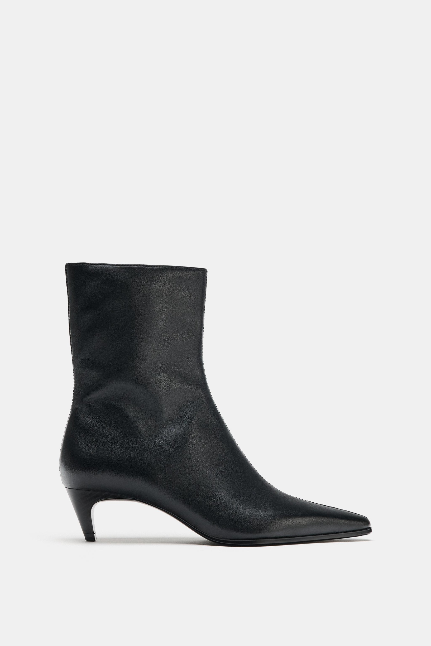 Leather Kitten Ankle Boots - Black - 2