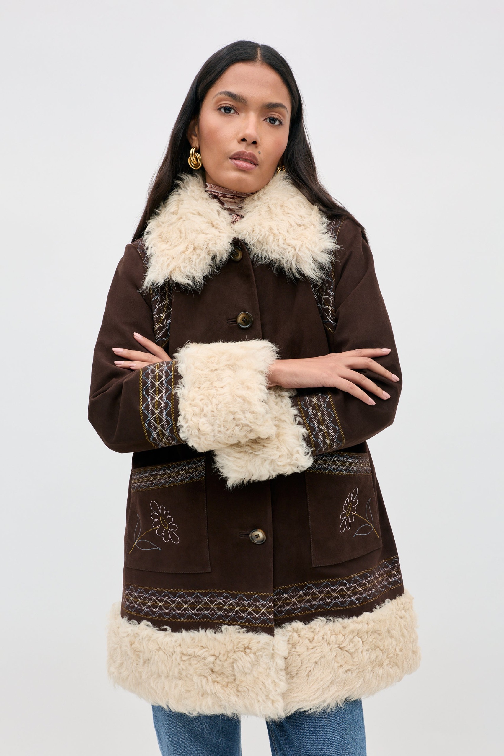 Mairan Suede Embroidered Coat in Brown Shasta Daisy Embroidery Chocolate