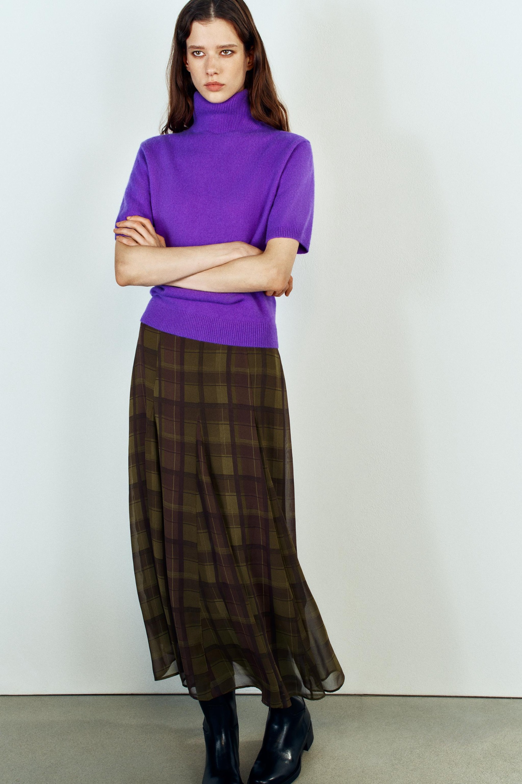 Midi Check Skirt - Light Beige - Xs