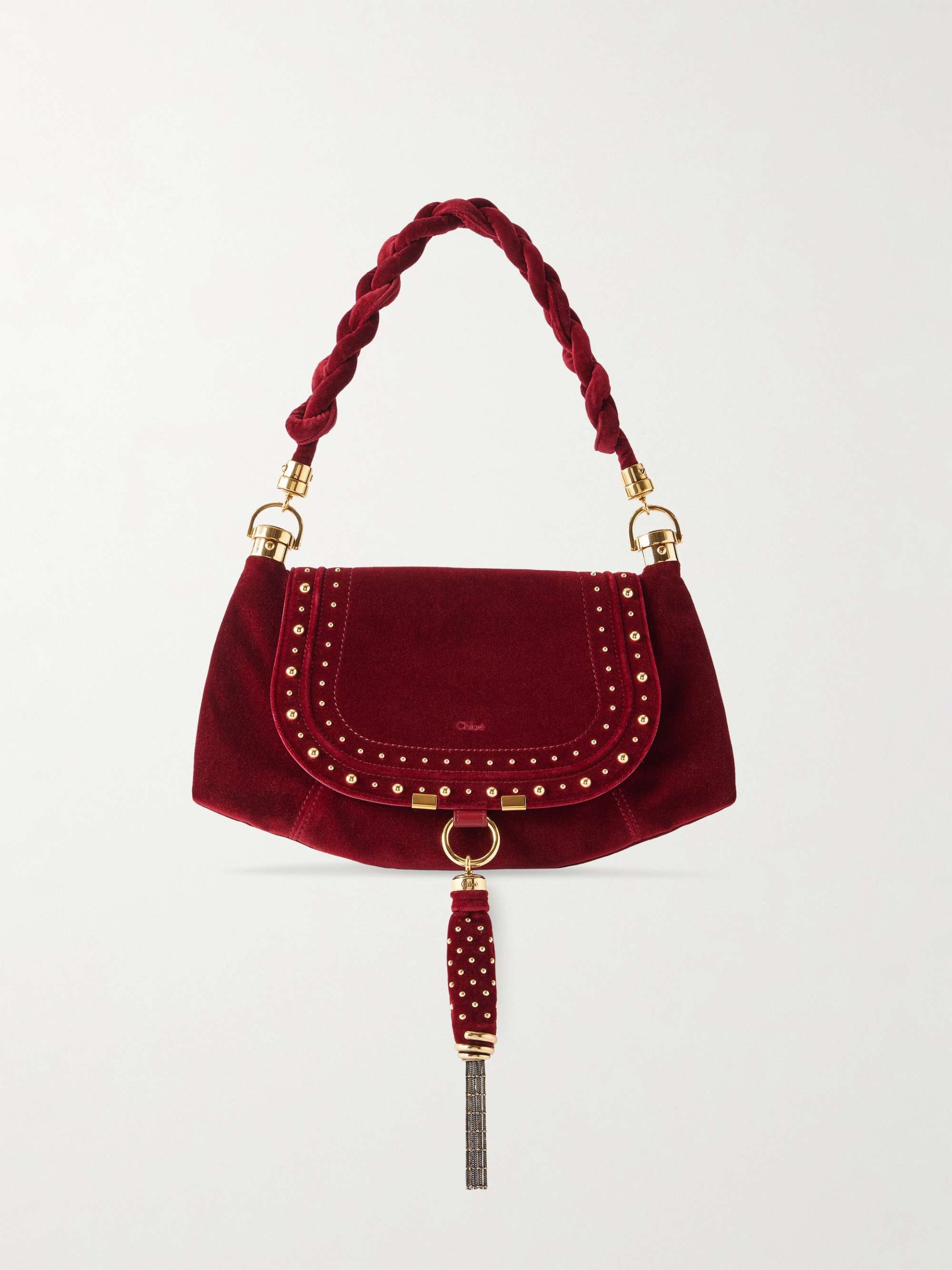 Marcie Foulard Studded Tasseled Velvet Shoulder Bag
