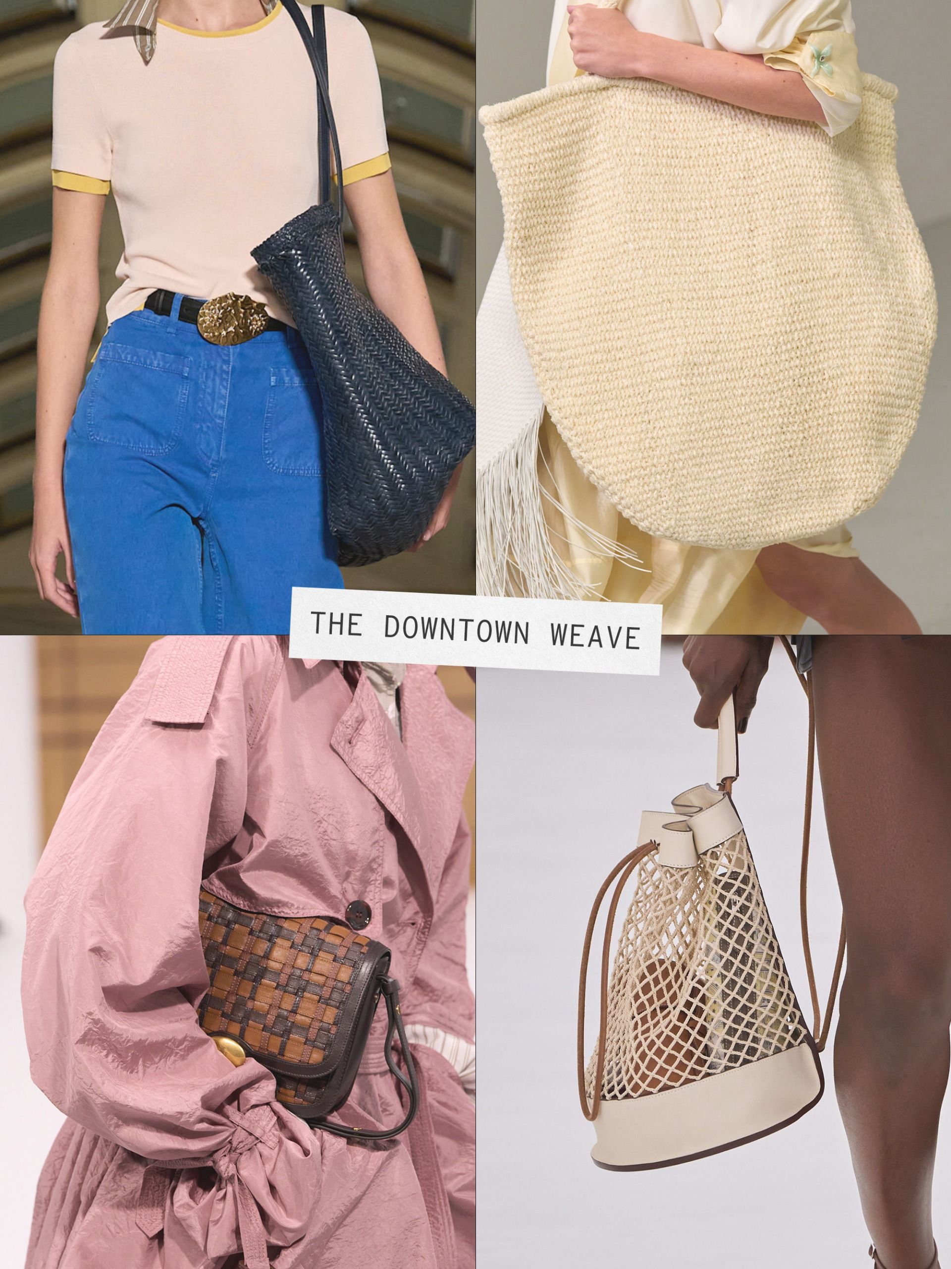 A collage of runway images featuring the major handbag trends of spring/summer 2027.