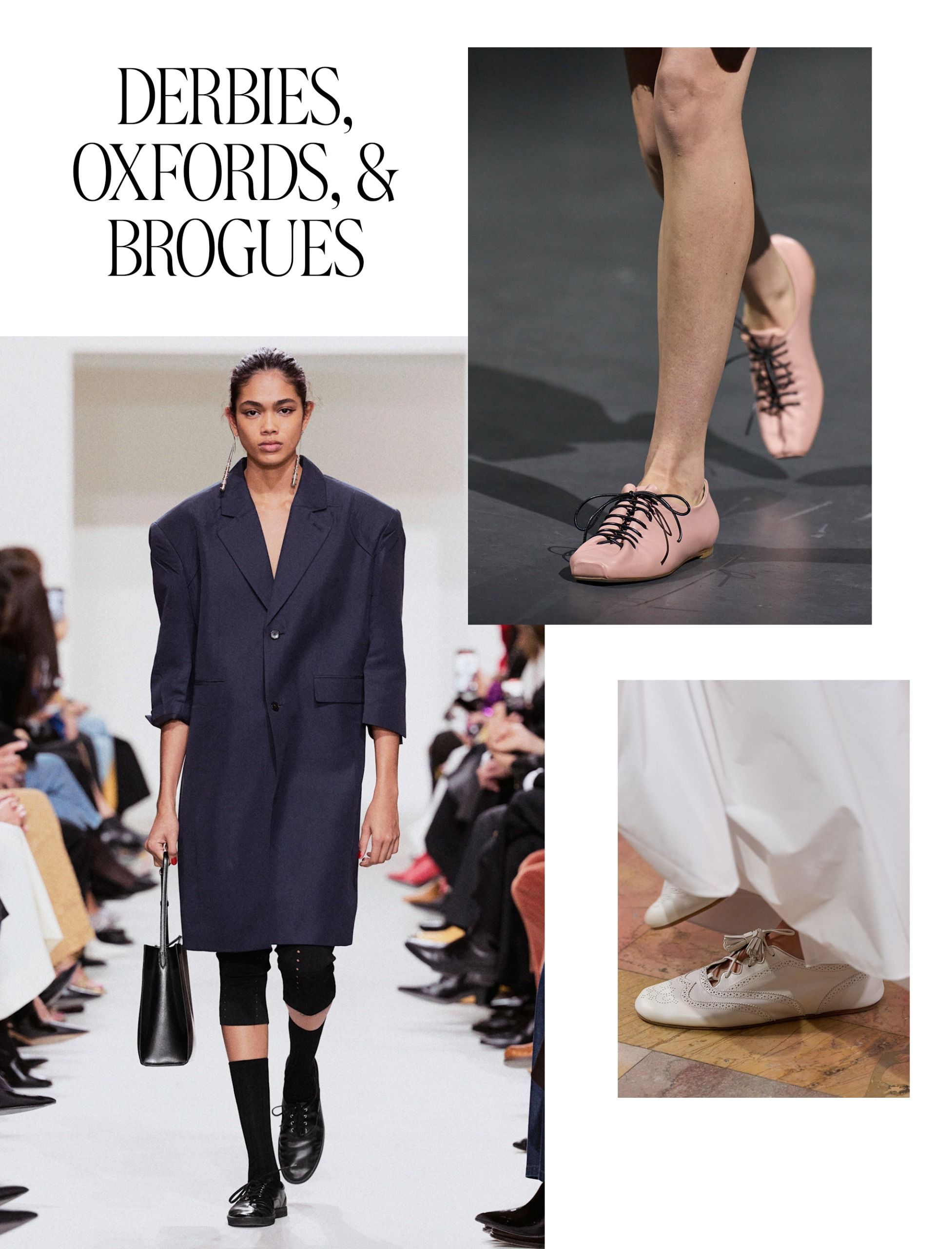 a collage of detail and full look runway images from the spring/summer 2027 collections featuring the major shoe trends