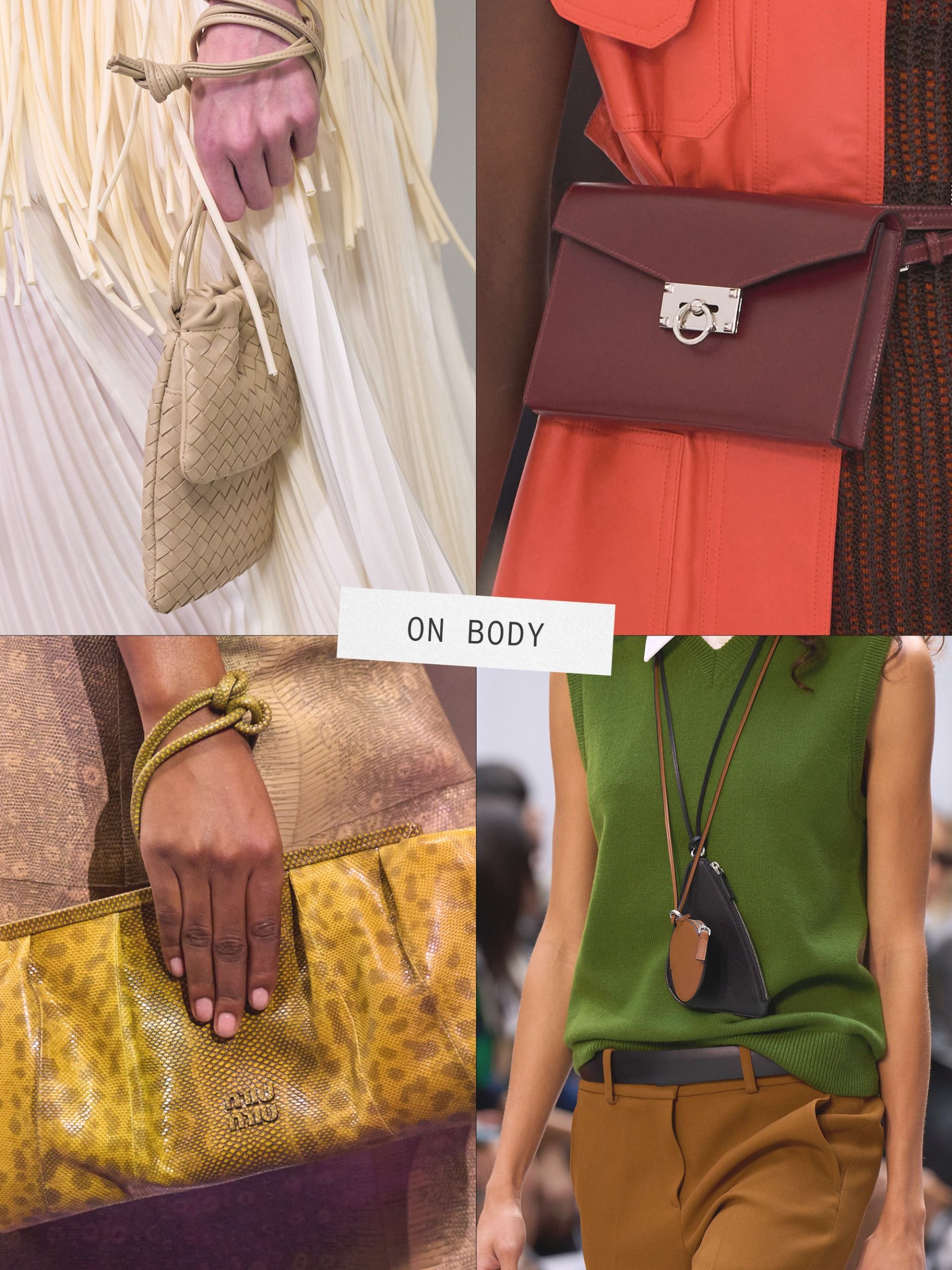 A collage of runway images featuring the major handbag trends of spring/summer 2027.