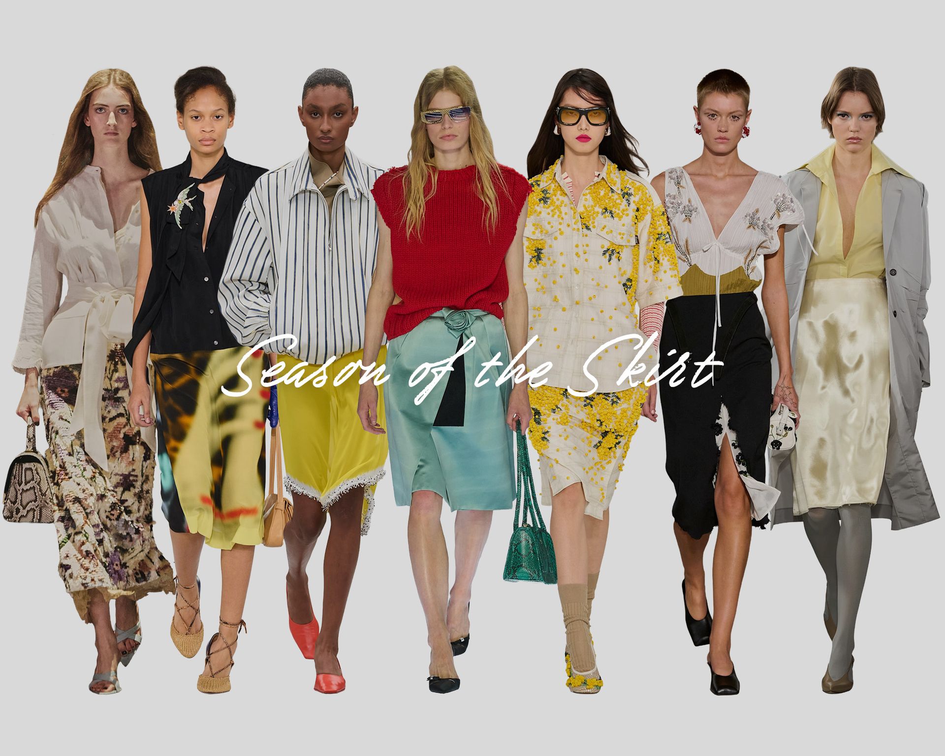 Collage of models wearing trends on the spring/summer 2027 runways.