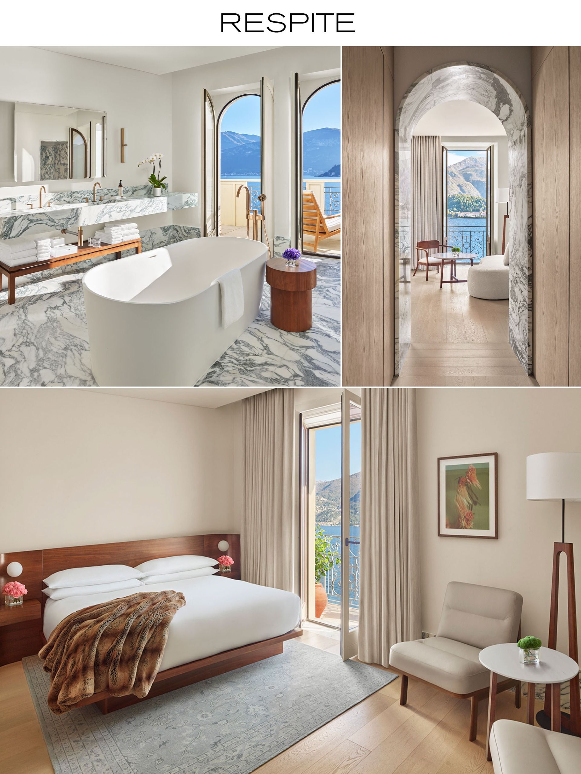 The Edition Lake como hotel room collage of photos including bathtub and bed