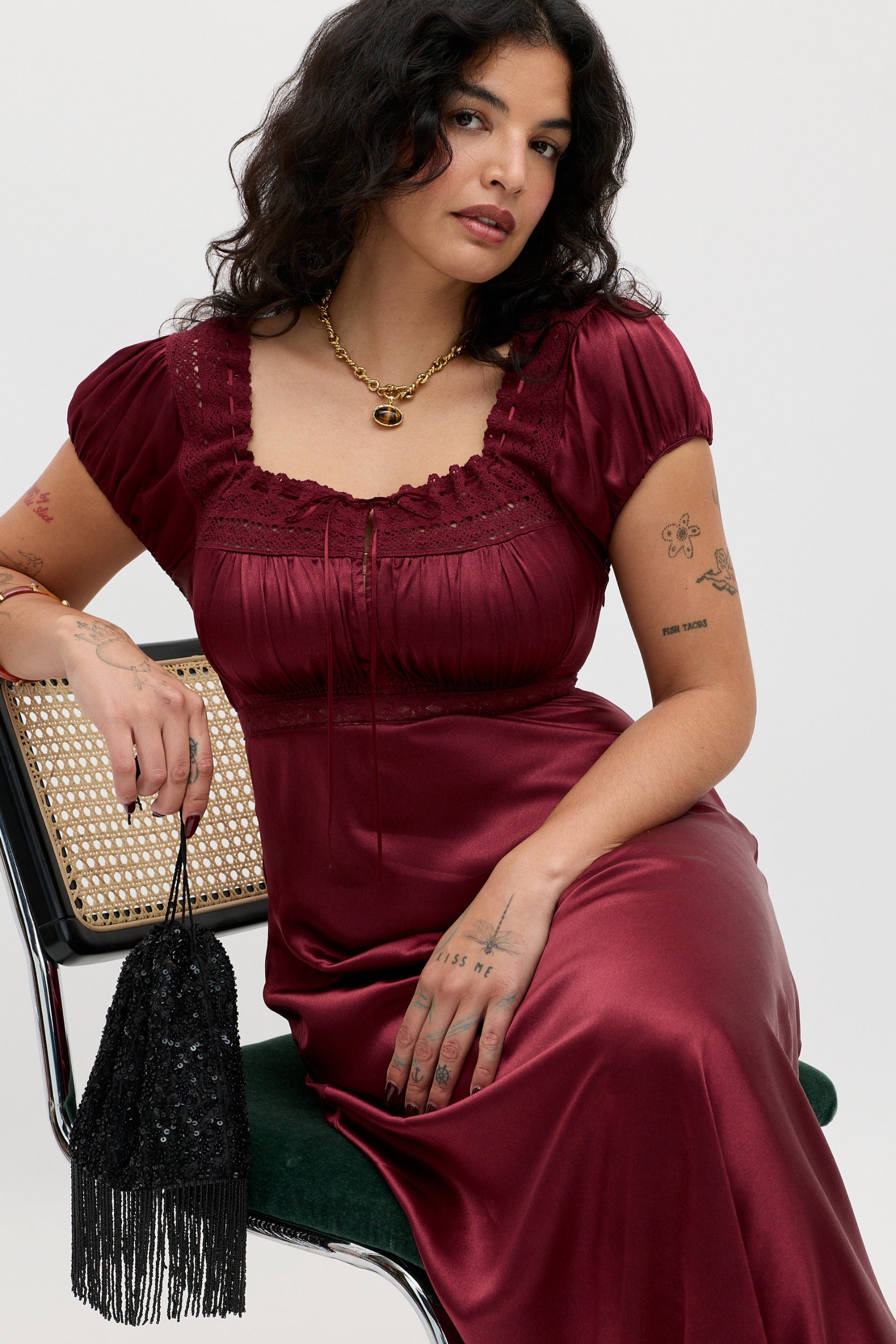 Maeva Satin Midi Dress in Burgundy Maroon