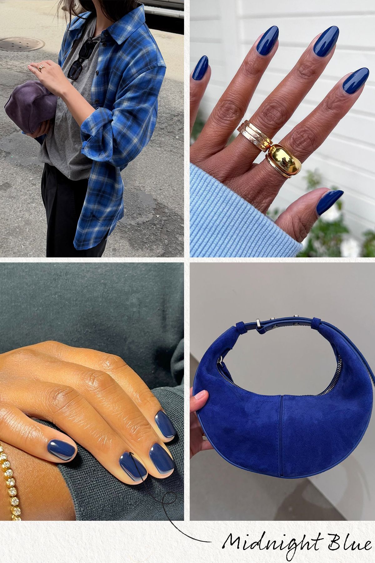 A collage of midnight blue nail looks and matching outfits