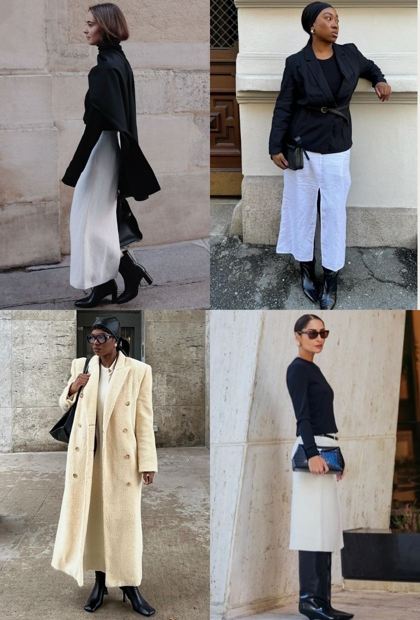 @modedamour. @nnennaechem, @thevisuelofgrace, @erinoffduty wearing white long skirts with black leather boots