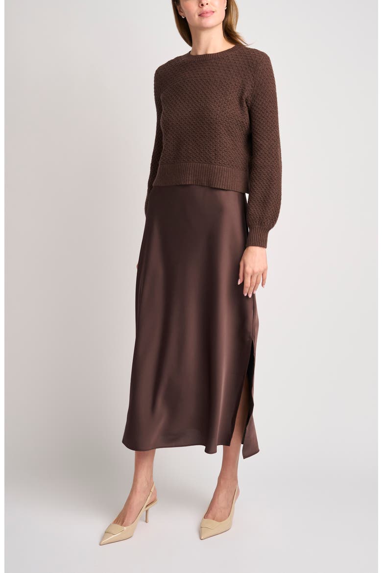 Honeycomb Stitch Puff Sleeve Sweater & Satin Slipdress Set