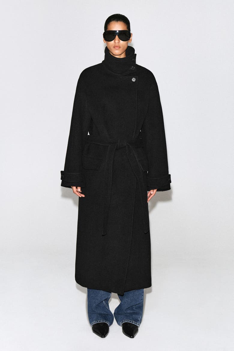 Belted Wool-Blend Mock-Neck Coat