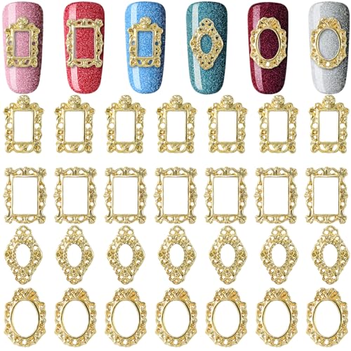 Pndeyo 40pcs 3d Metal Nail Charms, Frame Gothic Nail Art Charms, Gold Nail Jewels Art Decoration for Women Girls Acrylic Nail Diy Craft Design Manicure Accessories