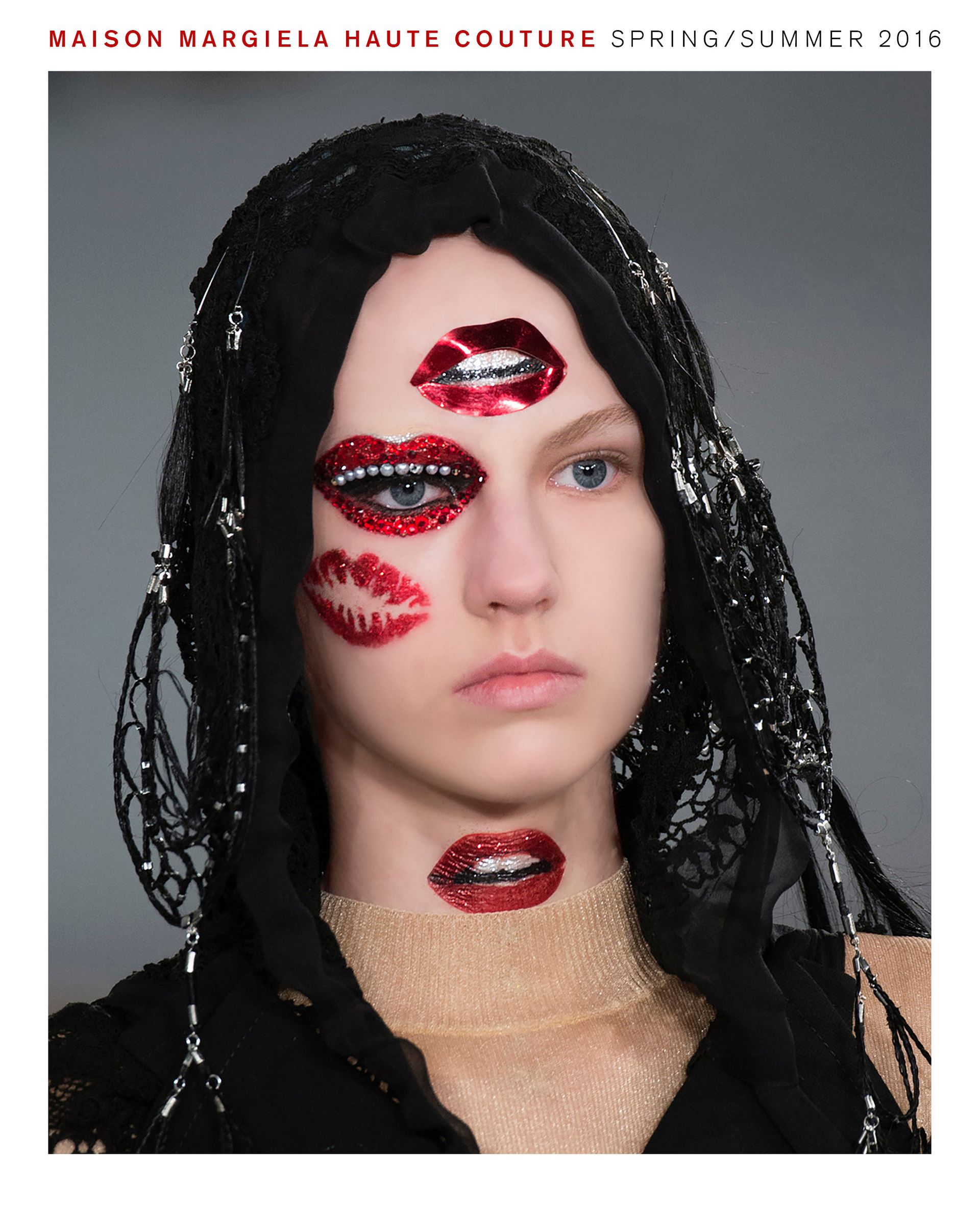 Model wearing Pat McGrath makeup look for Maison Margiela Haute Couture spring/summer 2016 show.