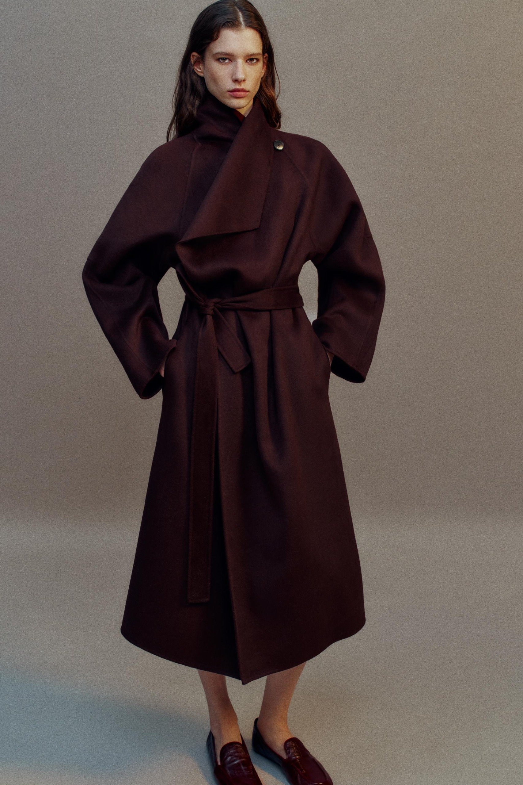 Long Belted Coat - Burgundy - Xs