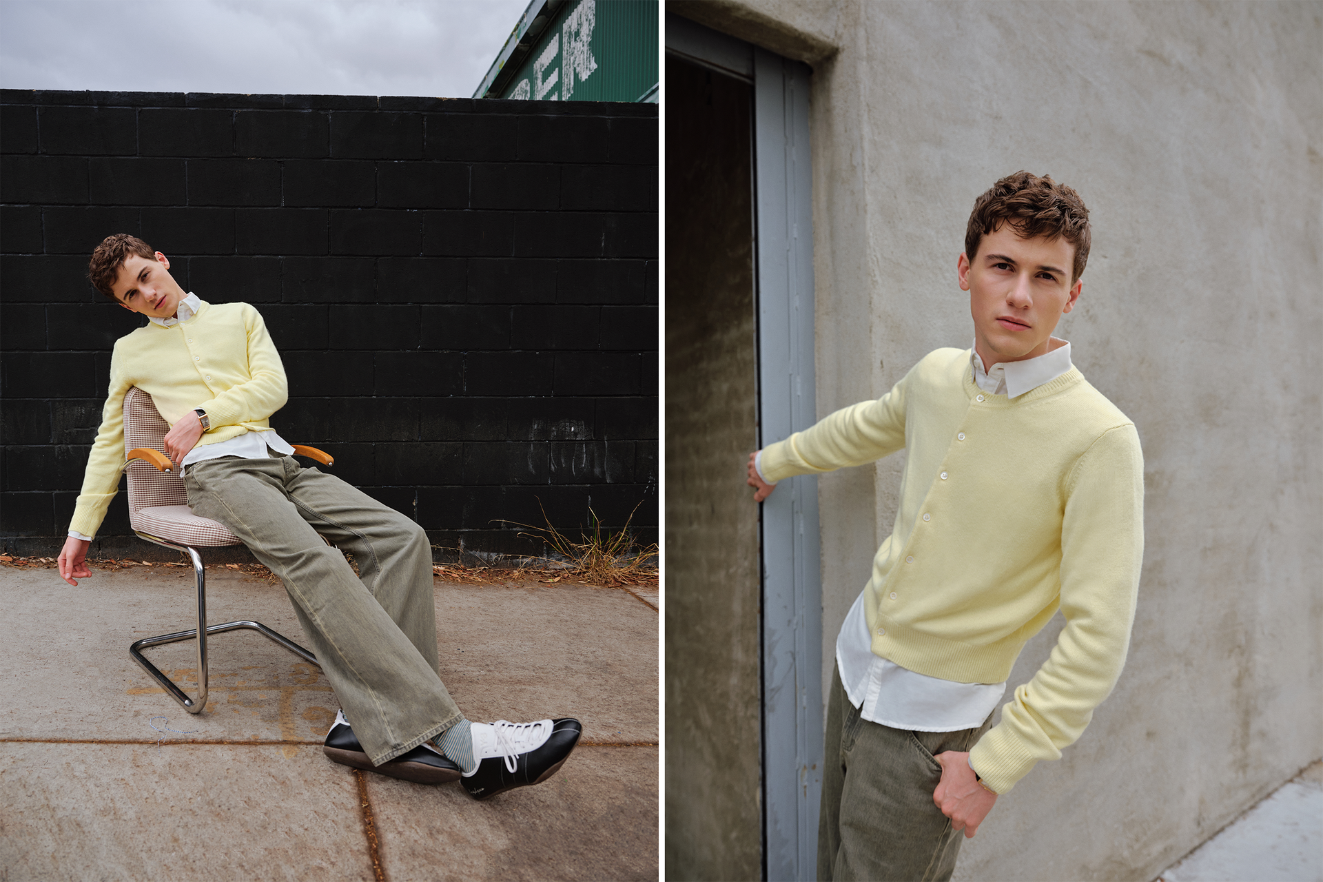 Actor Sam Nivola, photographed by JJ Geiger for Who What Wear. He is wearing a white button-down shirt and khaki trousers with a yellow cardigan.