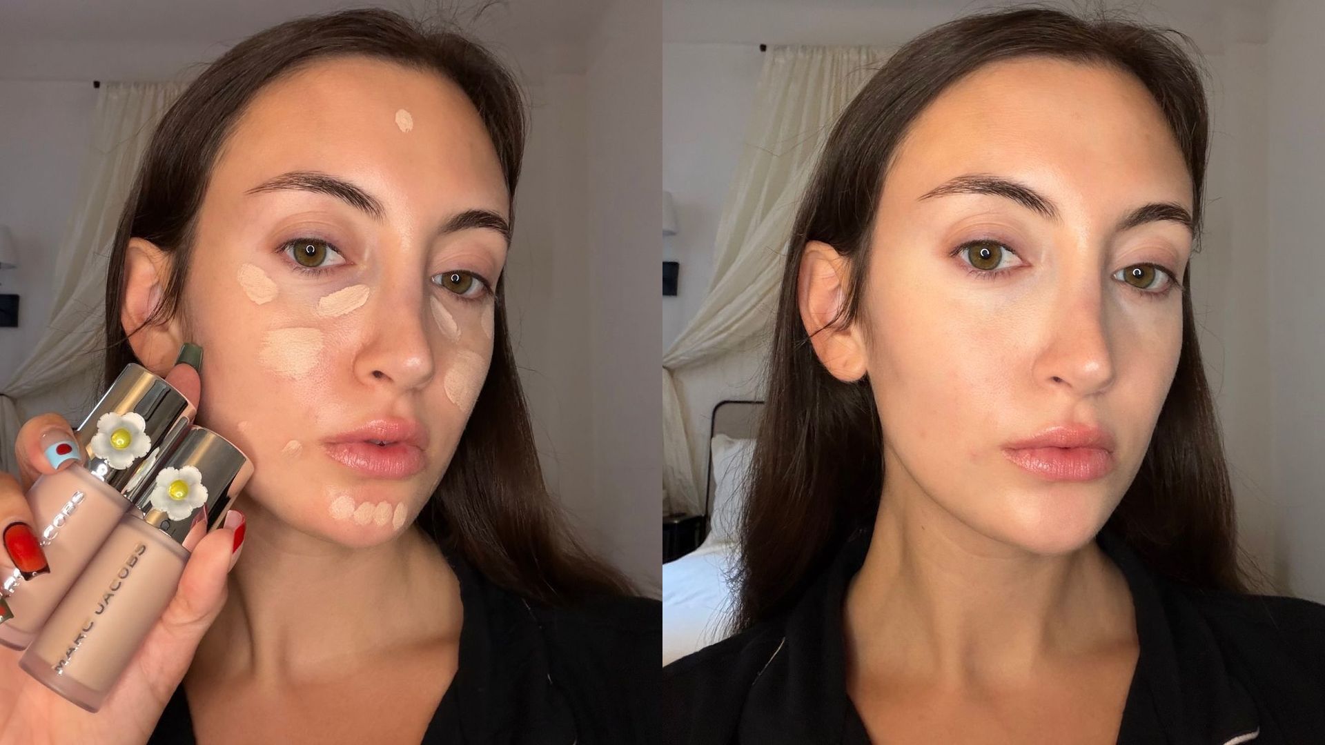 WWW associate beauty editor Alyssa Brascia before and after blending the Marc Jacobs Nude Awakening Concealer.