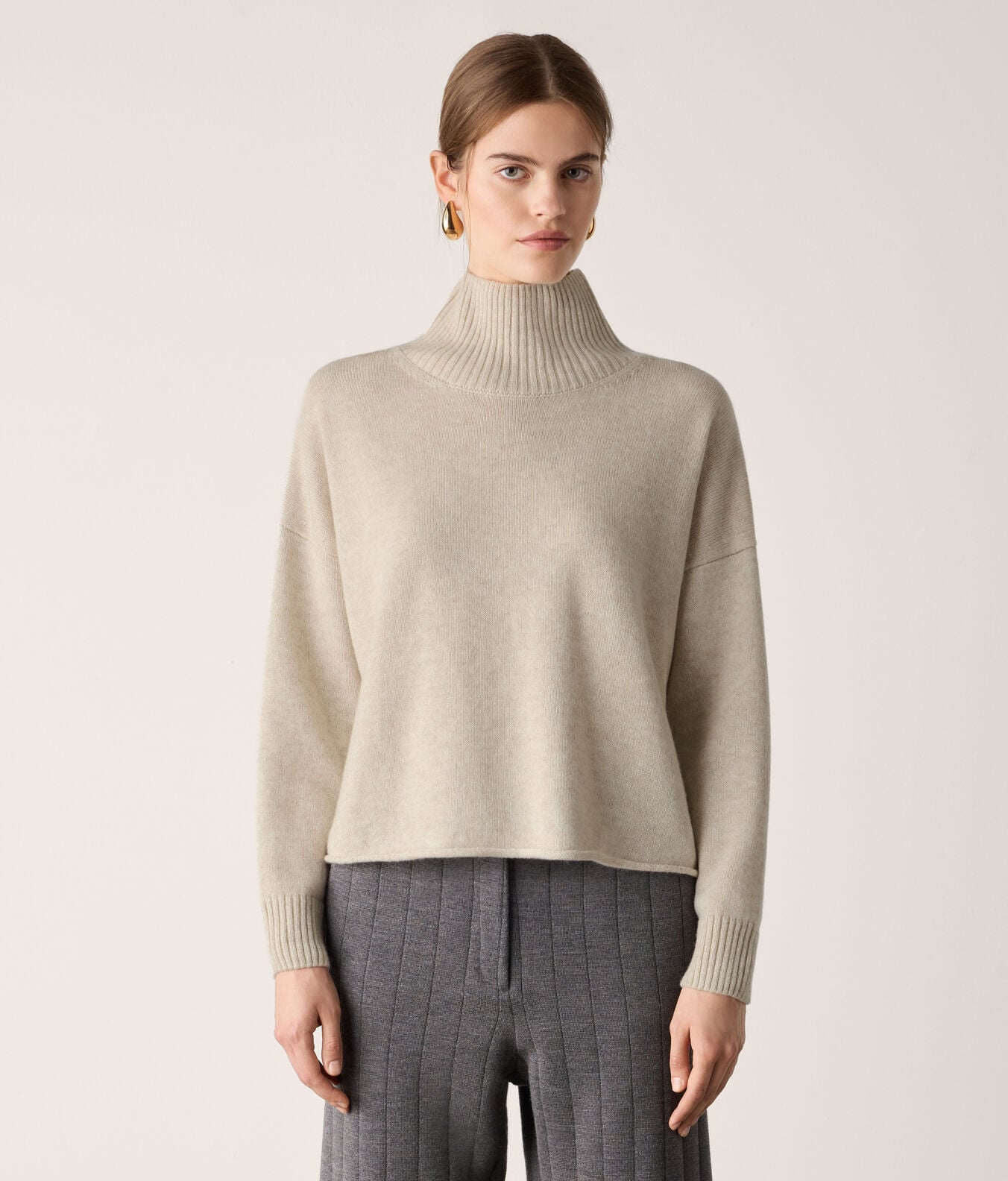 Falconeri Ultrasoft Cashmere high collar neckline crop top sweater in beige