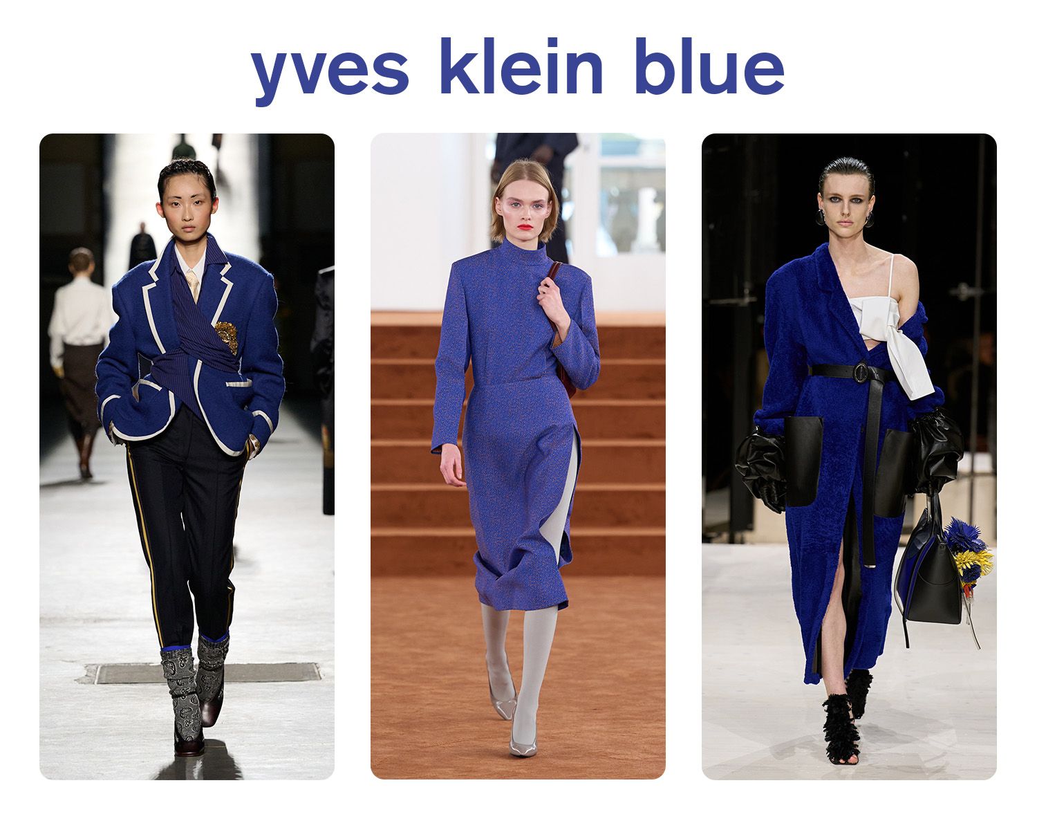 Collage of Yves Klein blue on the fall/winter 2026 runways.
