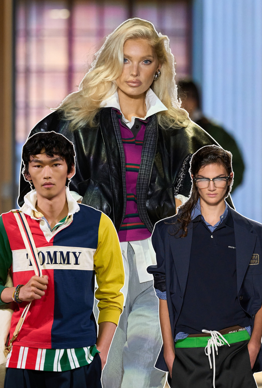 Image shoes the gucci SS 27 runway with Elsa Hosk, the tommy Hilfiger runway ss27 and the Miu Miu Ss24 runway. all show a layered polo.