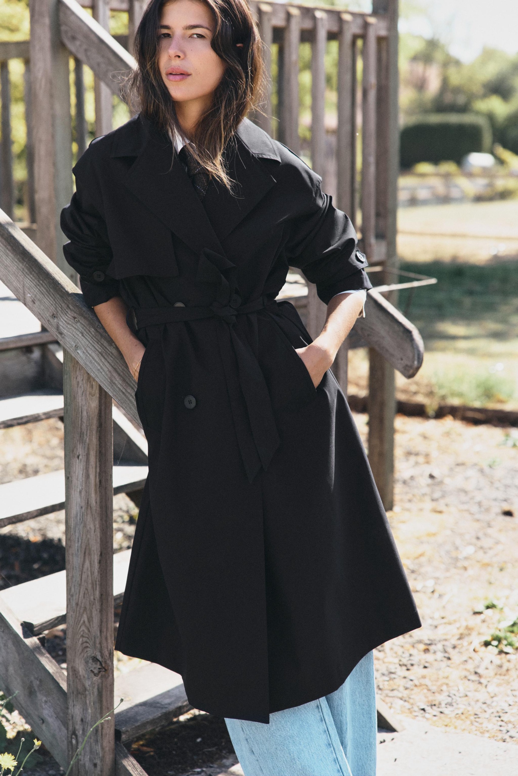 Water-Repellent Windproof Trench Coat - Black - Xs