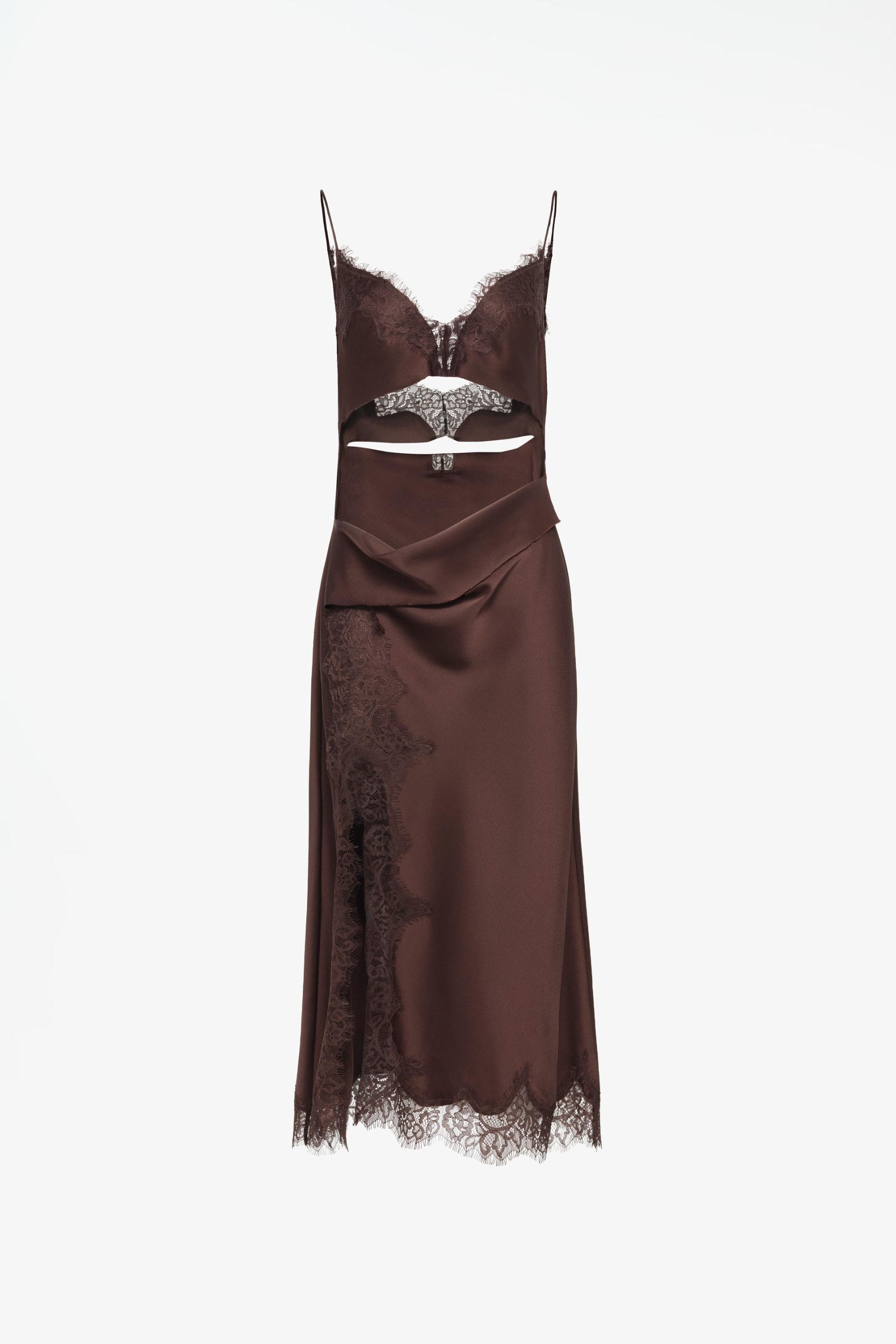 Limited Edition Satin Midi Dress With Lace Cut-Outs - Brown - Xs