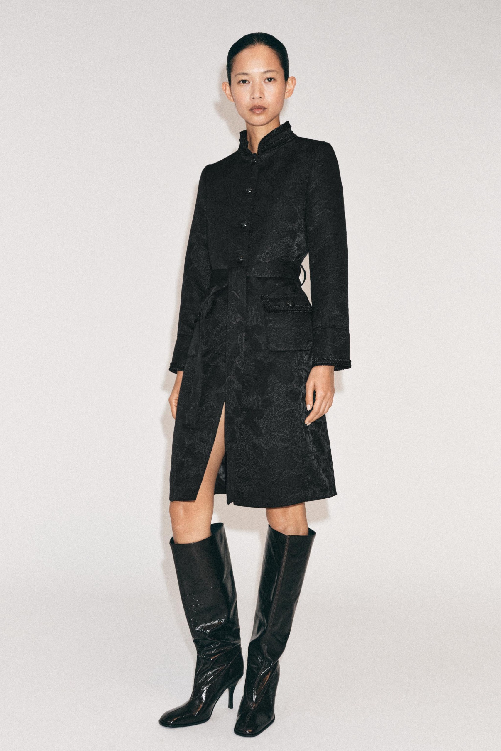 ZARA Zw Collection Jacquard Midi Coat - Black - Xs