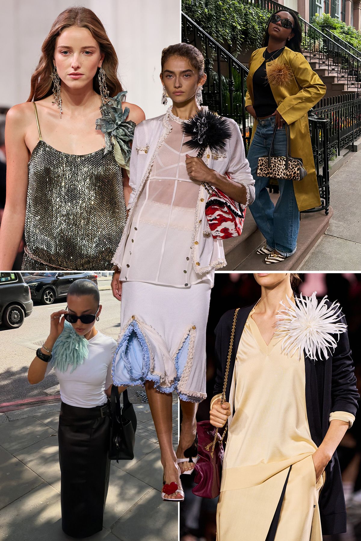 A collage of the rosette maximalist autumn 2026 fashion trend.