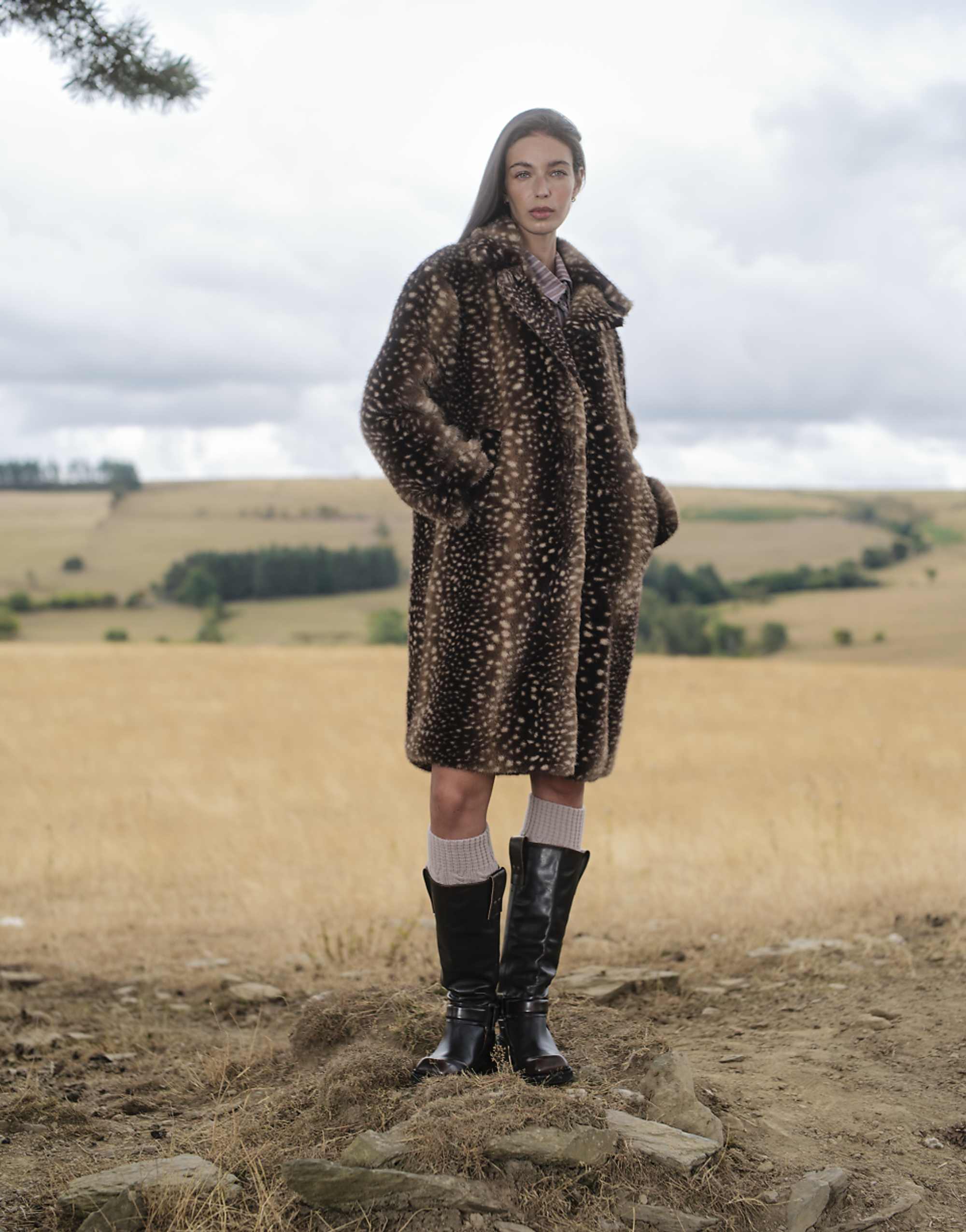 Daisy Street Midi Length Faux Fur Coat in Chocolate Fawn Print
