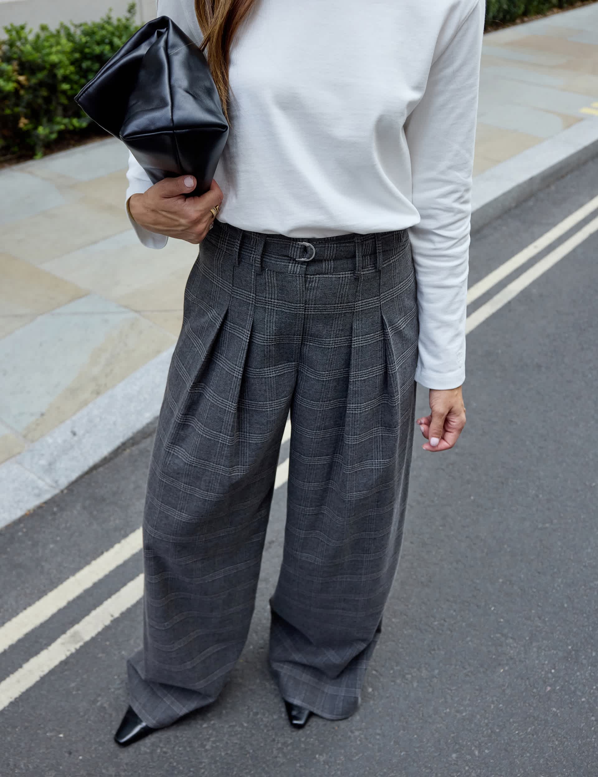 Checked Belted Tailored Wide Leg Trousers
