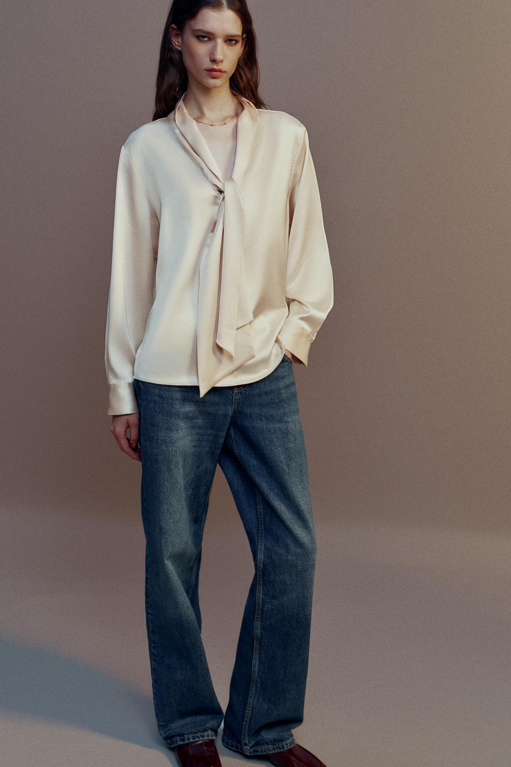Satin Scarf Blouse - Oyster-White - Xs