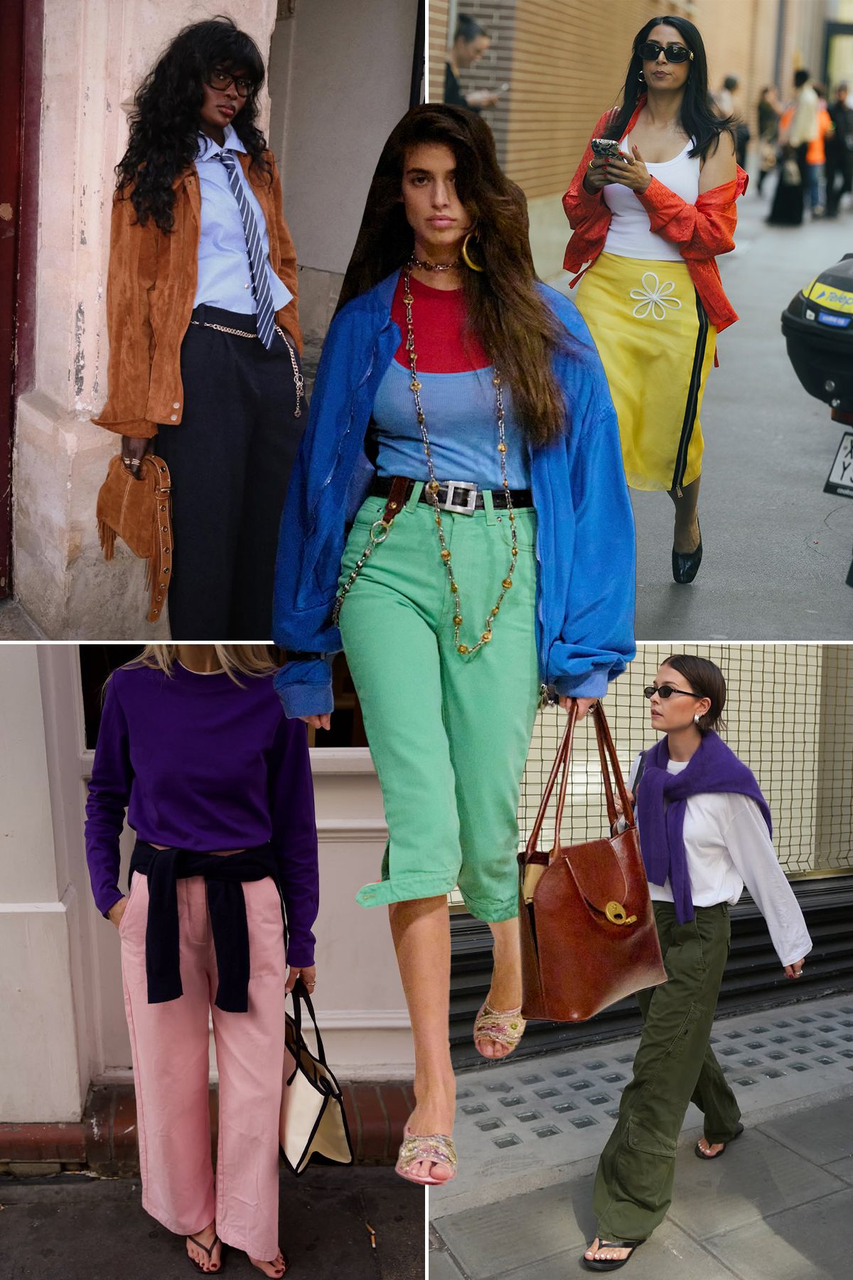 A collage of the colour blocking maximalist autumn 2026 fashion trend.