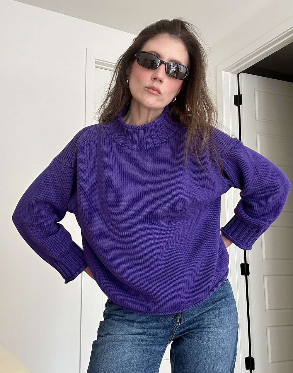 Allyson Payer wearing the J.Crew 2025 Rollneck Sweater in Tetra Purple
