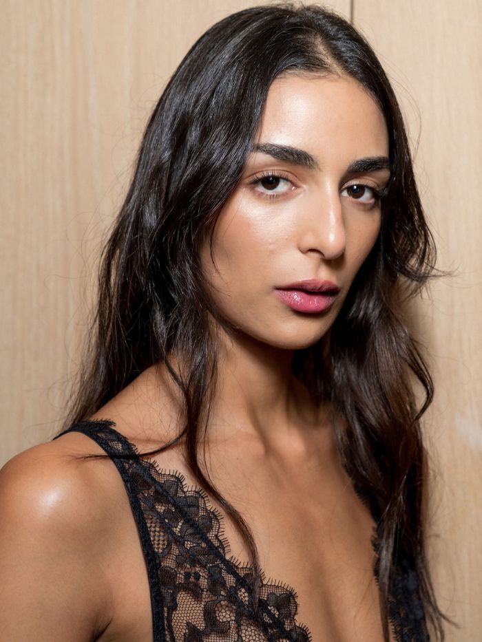 A close-up of a model backstage at the Marks and Spencer S/S 27 show