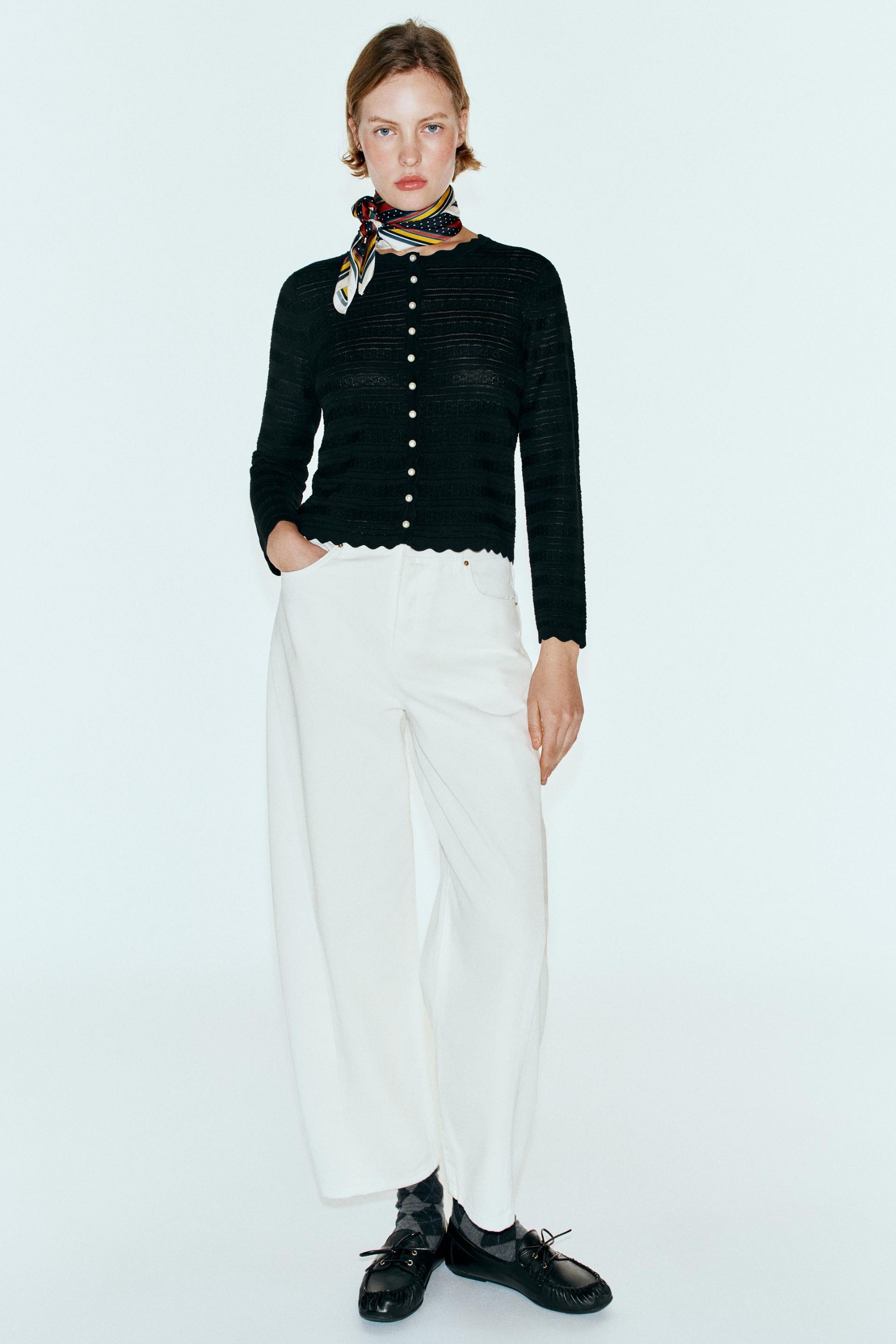 Cardigan With Faux Pearl Buttons - Black - S