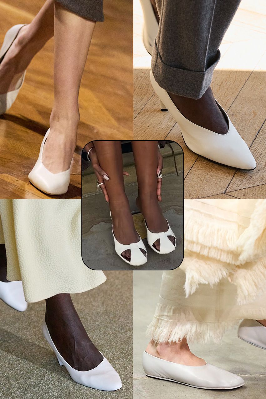 Shoe color trends fall 2026 shown in a collage of runway images depicting footwear in extra foam or white color