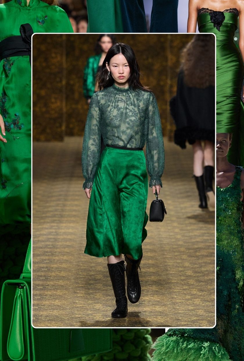 Jewel tone fashion trend 2026:emerald green runway collage