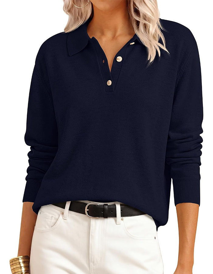ANRABESS, Anrabess Sweaters for Women Polo Collared Knit Long Sleeve Pullover,navy Blue,m