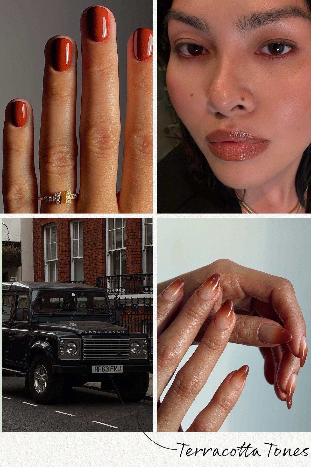 A collage of terracotta nail looks, a terracotta makeup look and a terracotta landscape
