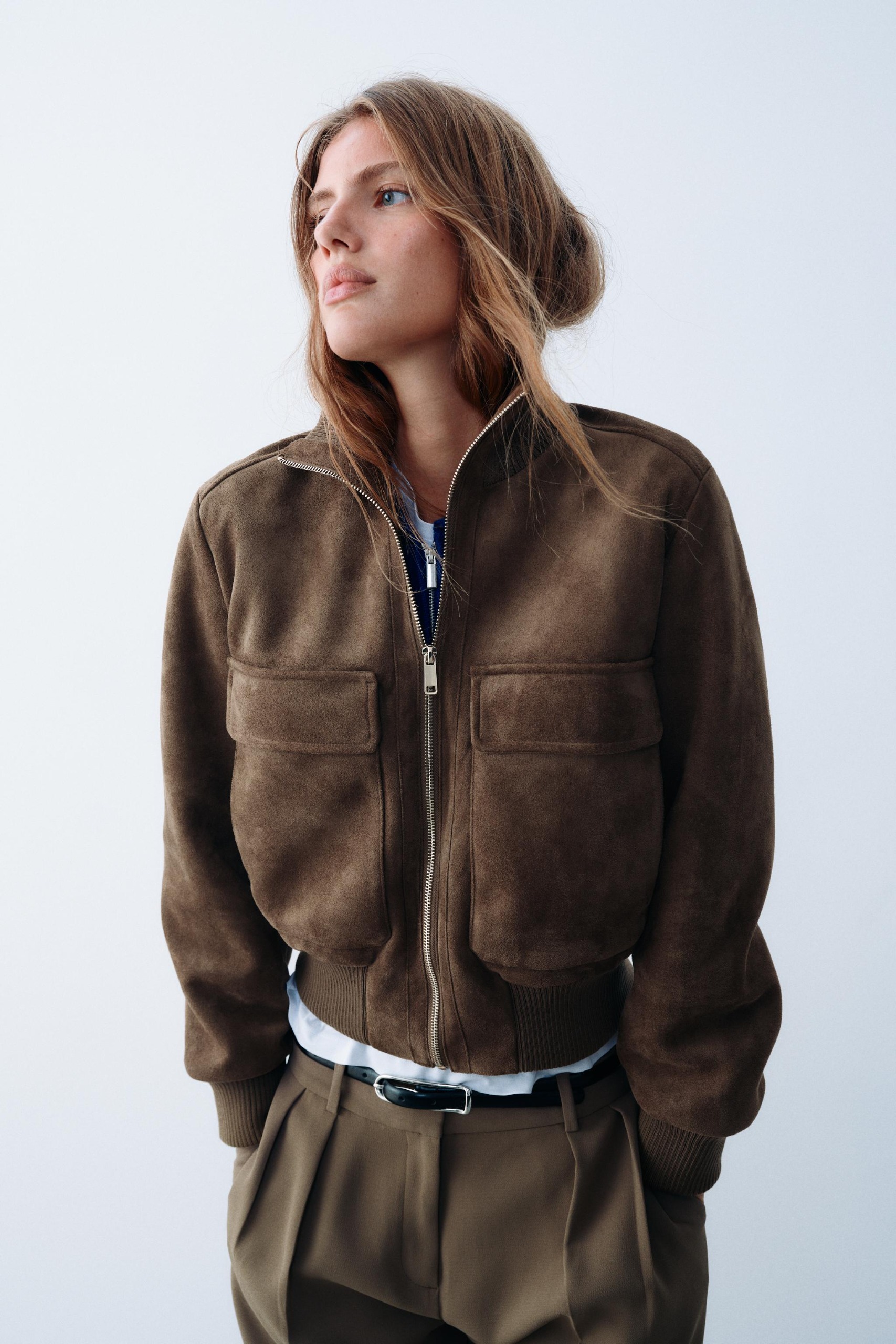 Suede-Effect Bomber Jacket - Brown - Xs